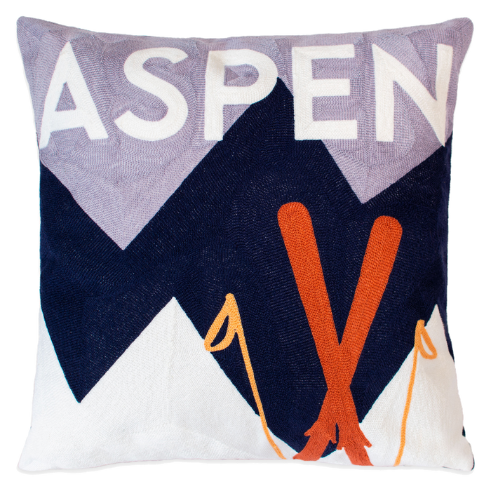 Aspen Ski Needlepoint Cushion, Alpine Design, 45cm, Navy Velvet Back