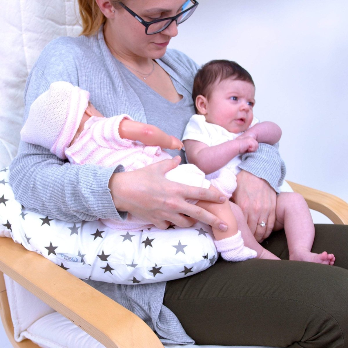 Twin Nursing Pillow – Silver Stars, Tandem Feeding Support