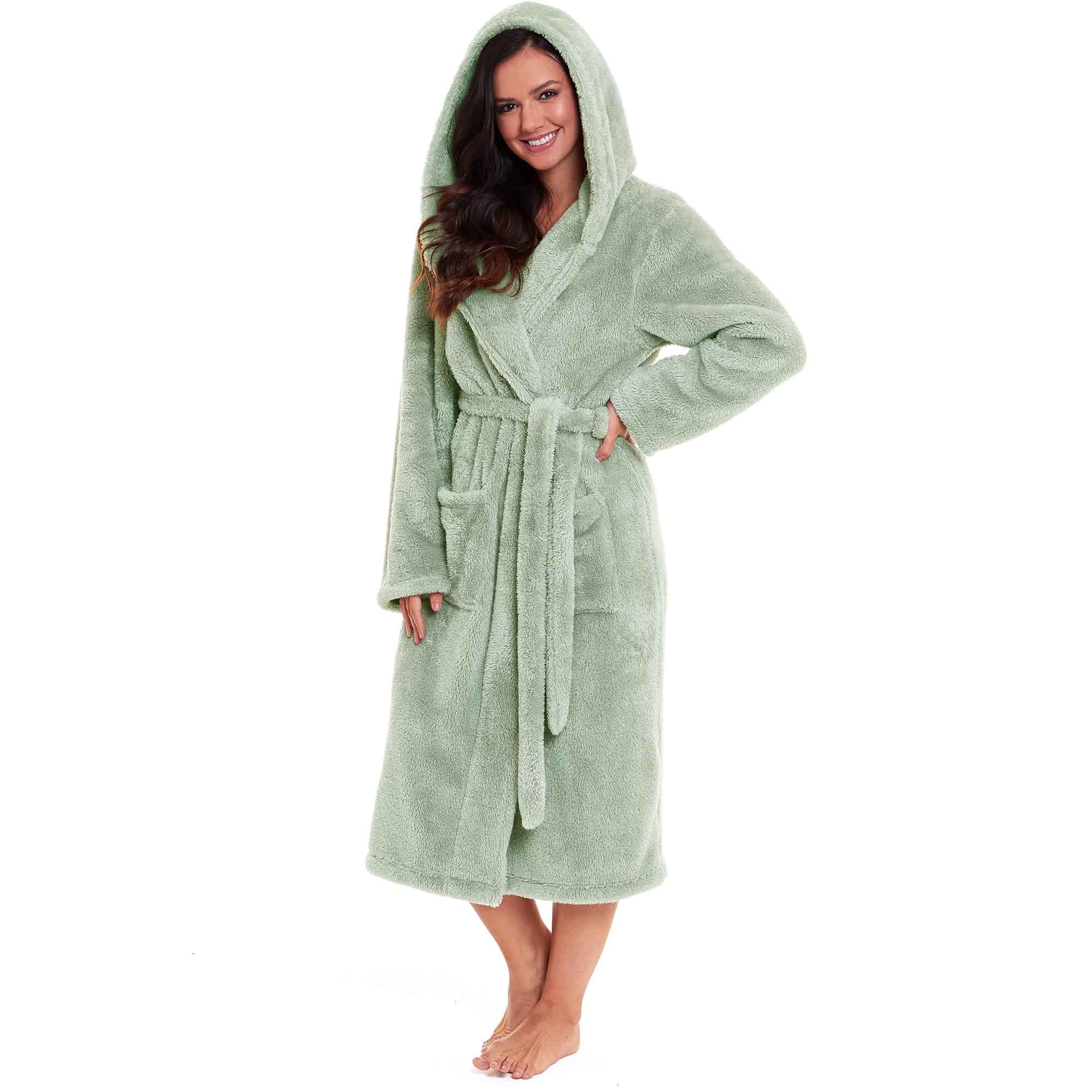 Hooded Fleece Touch Robe Women's Sage Green Extra Long UK Sizes 8-22