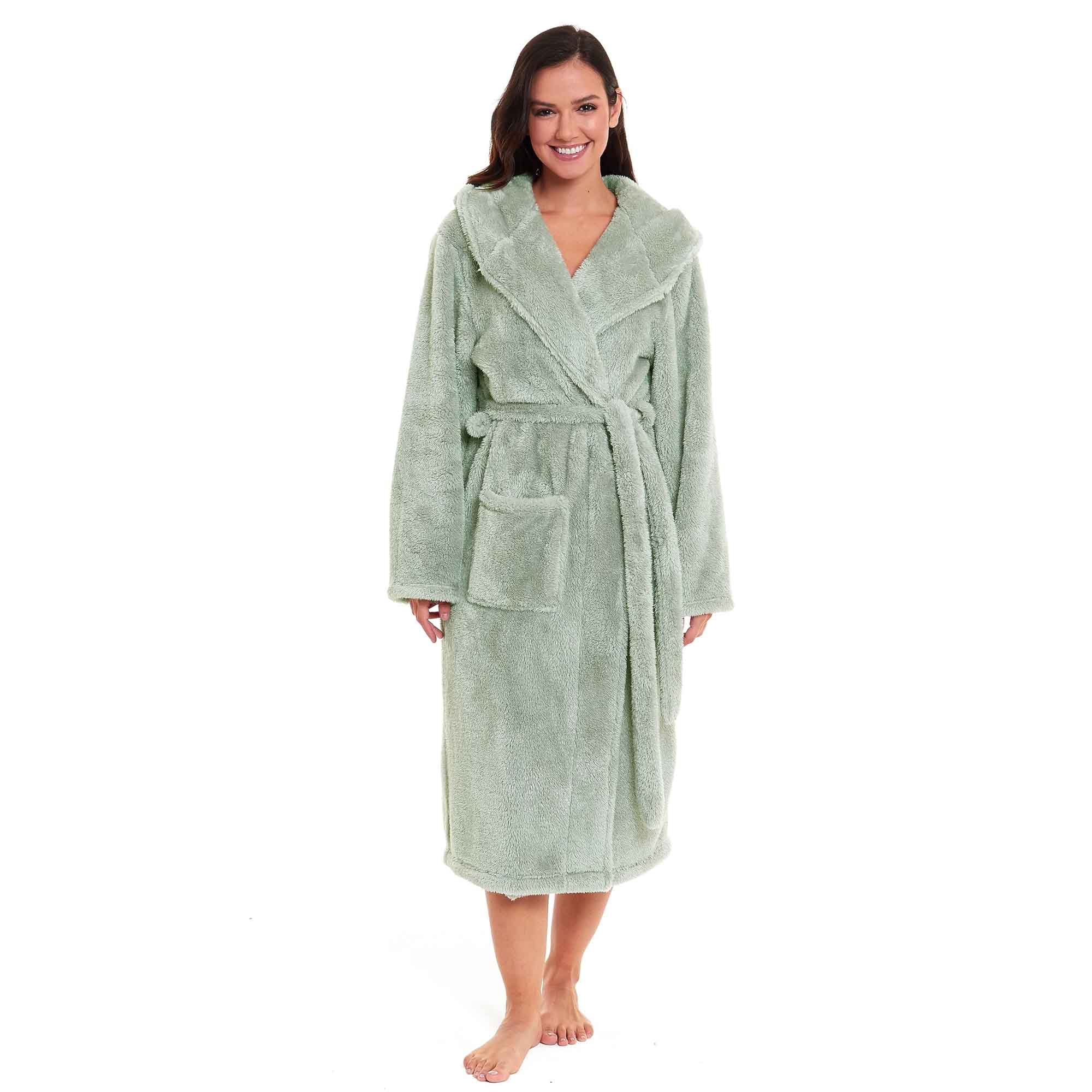 Hooded Fleece Touch Robe Women's Sage Green Extra Long UK Sizes 8-22