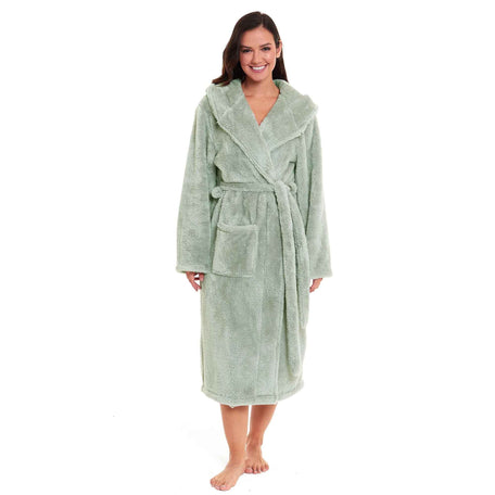 Hooded Fleece Touch Robe Women's Sage Green Extra Long UK Sizes 8-22