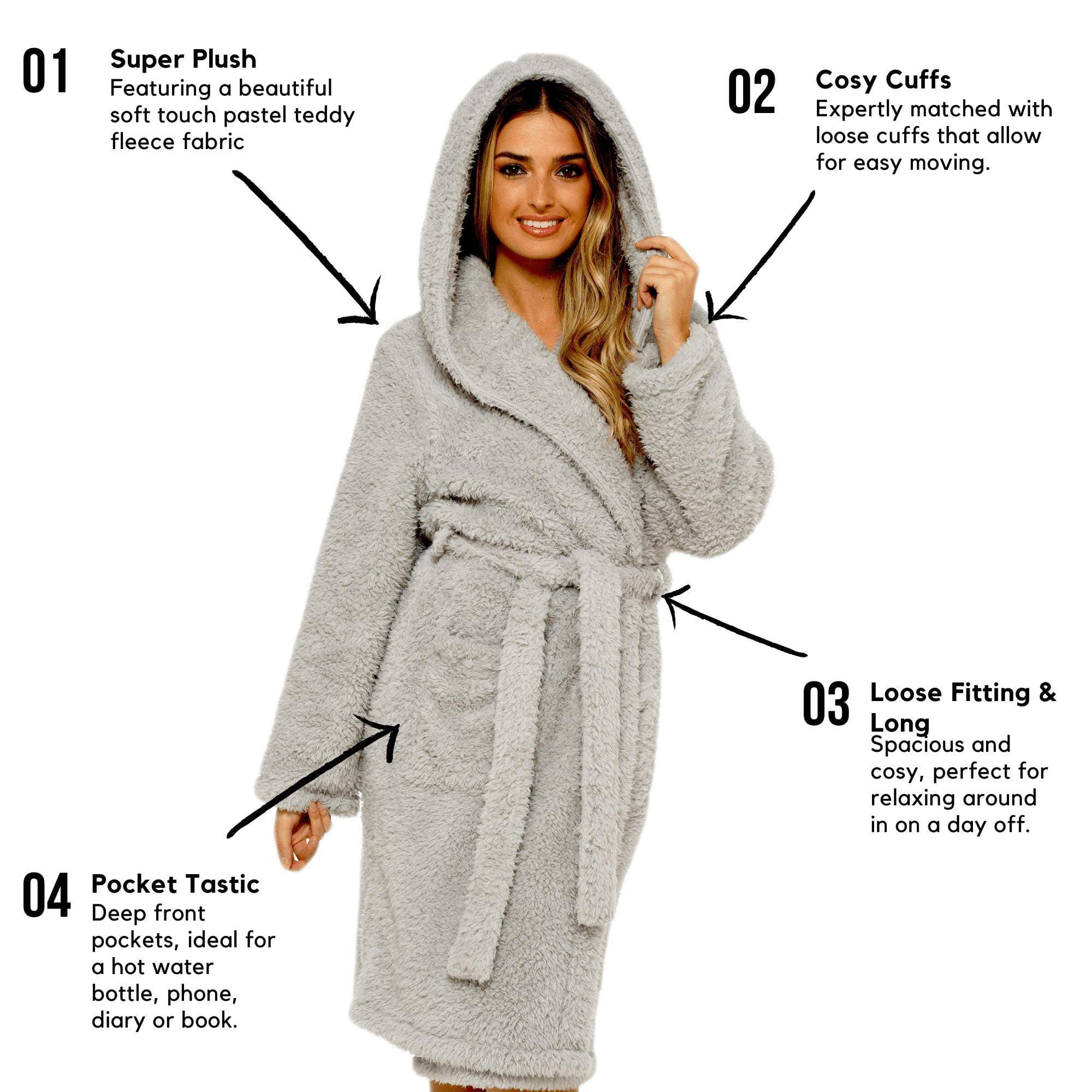 Women's Grey Teddy Fleece Hooded Bath Robe Ultra Soft Premium Loungewear