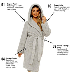 Women's Grey Teddy Fleece Hooded Bath Robe Ultra Soft Premium Loungewear