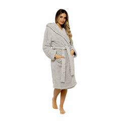 Women's Grey Teddy Fleece Hooded Bath Robe Ultra Soft Premium Loungewear