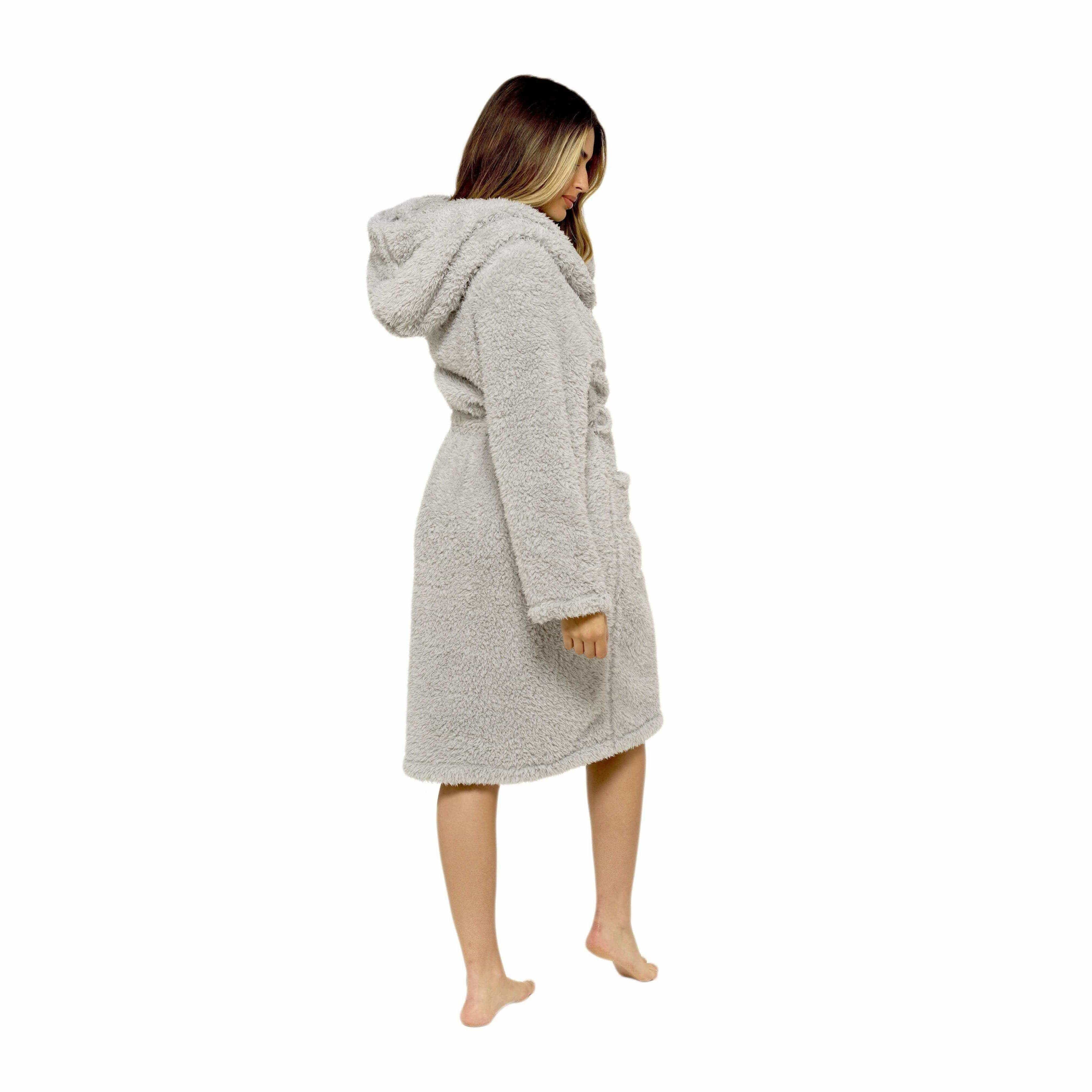 Women's Grey Teddy Fleece Hooded Bath Robe Ultra Soft Premium Loungewear