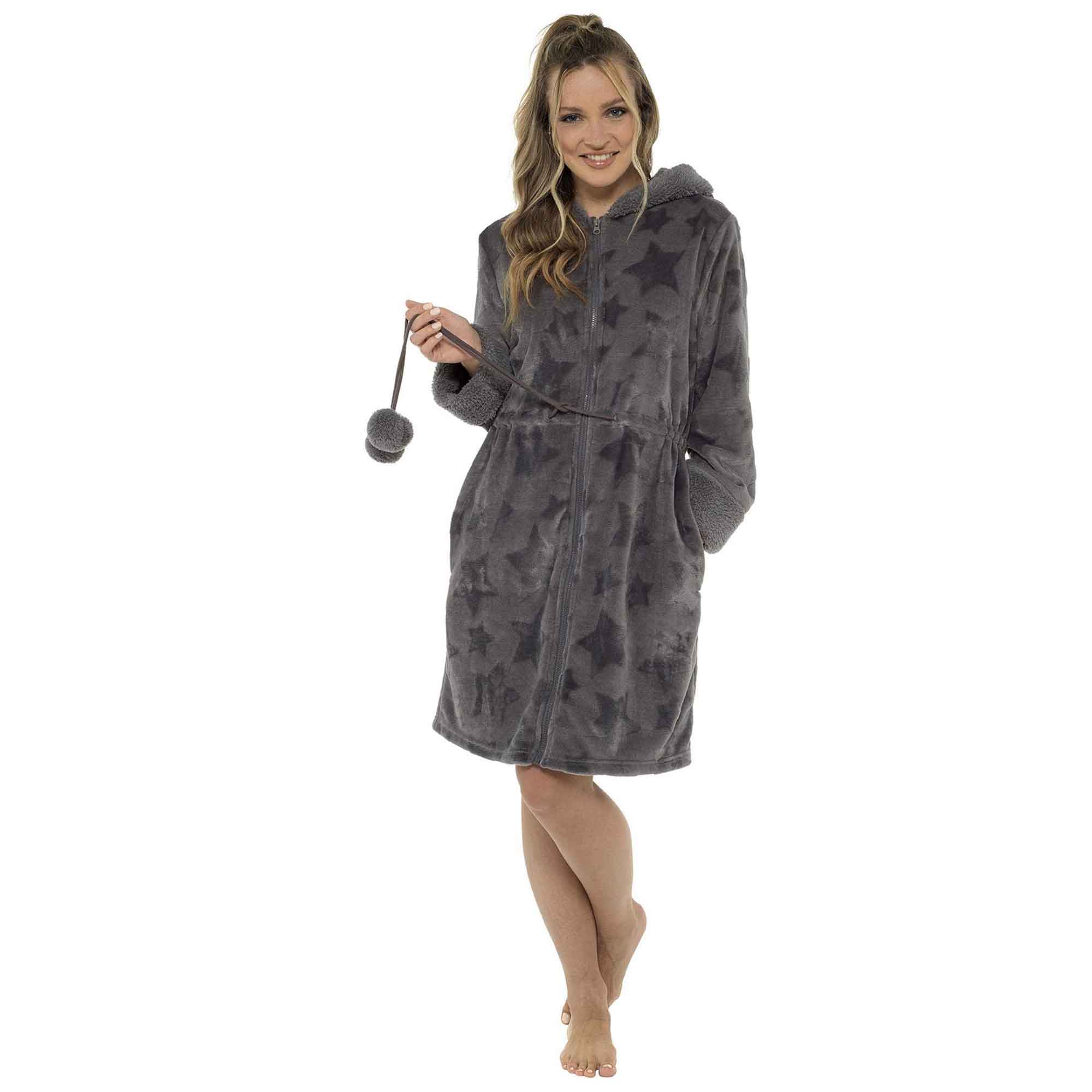 Women's Hooded Fleece Bathrobe Zip Closure Ultra Soft Cosy Loungewear