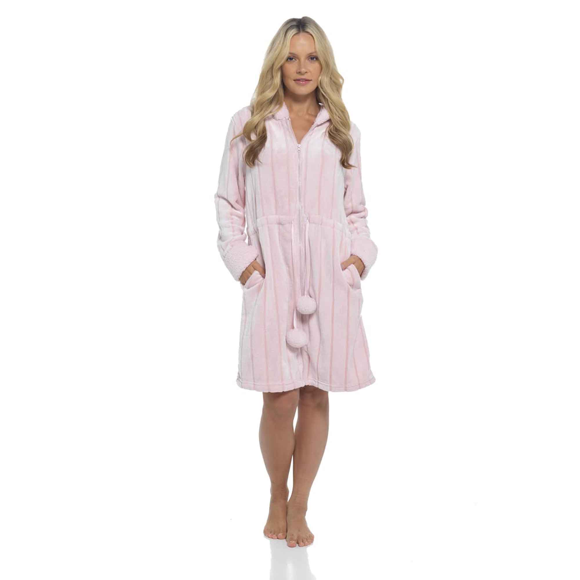 Women's Hooded Fleece Bathrobe Zip Closure Ultra Soft Cosy Loungewear