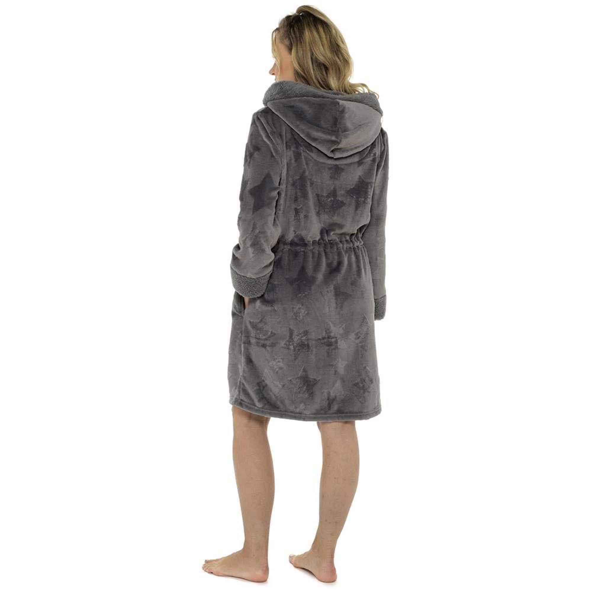 Women's Hooded Fleece Bathrobe Zip Closure Ultra Soft Cosy Loungewear
