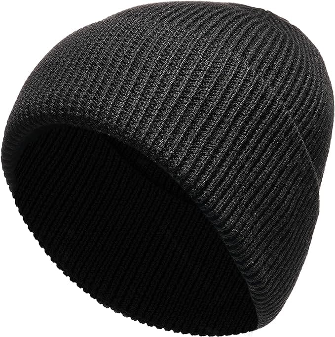 Unisex Wool Knit Beanie Hat Black And Grey Windproof Insulated Turn