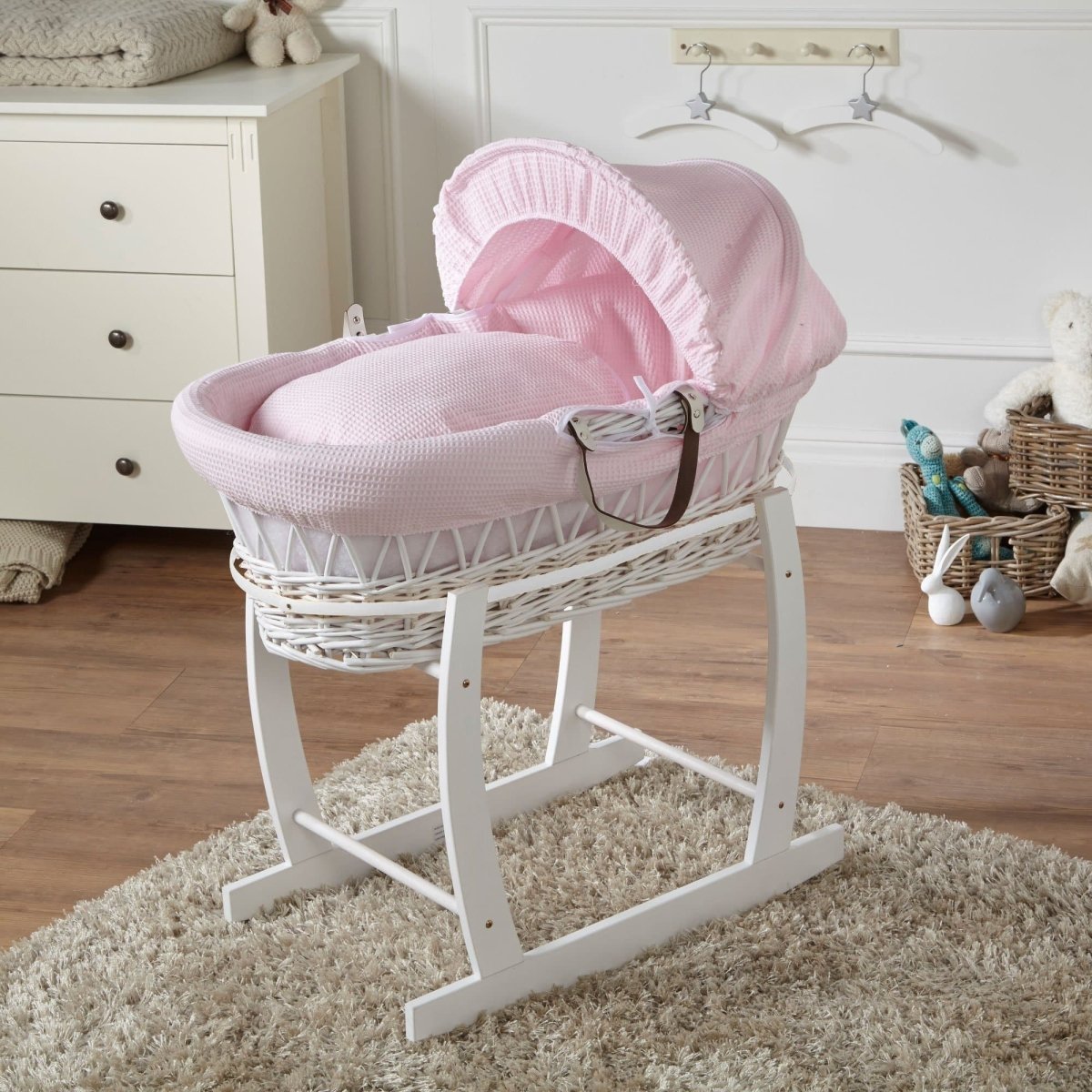 Wicker Moses Basket with Rocking Stand – Newborn Basket, Mattress Included
