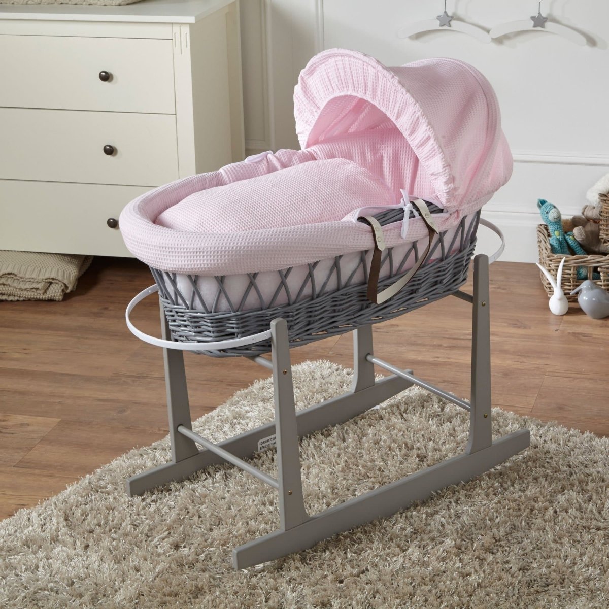 Wicker Moses Basket with Rocking Stand – Newborn Basket, Mattress Included