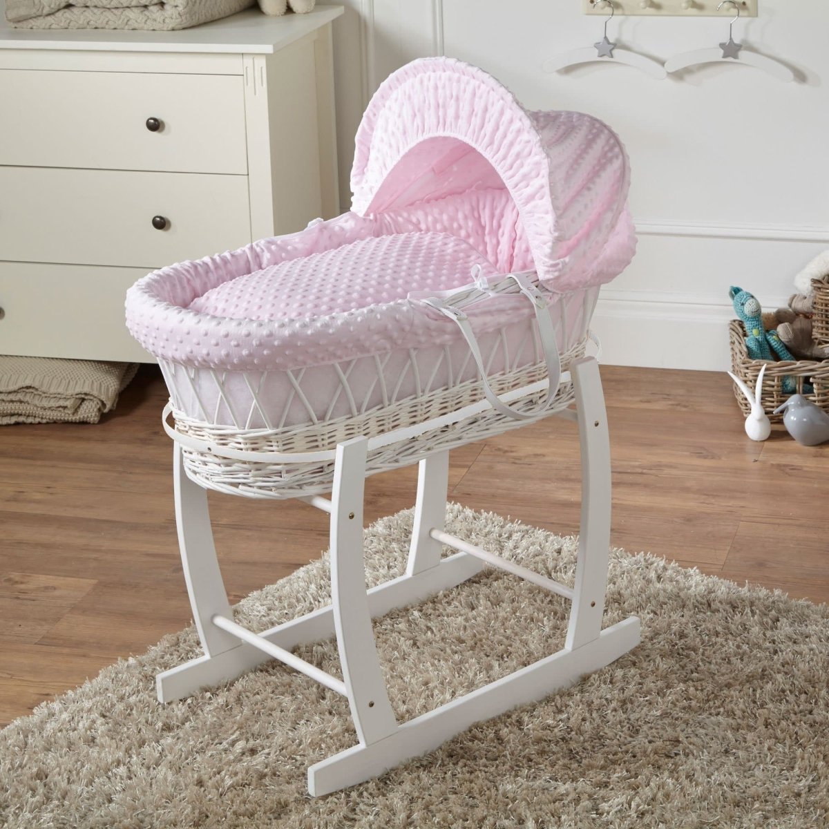 Wicker Moses Basket with Rocking Stand – Newborn Basket, Mattress Included