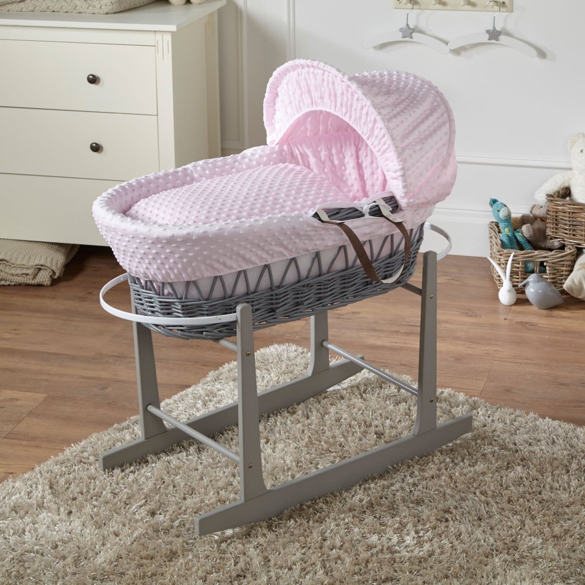 Wicker Moses Basket with Rocking Stand – Newborn Basket, Mattress Included