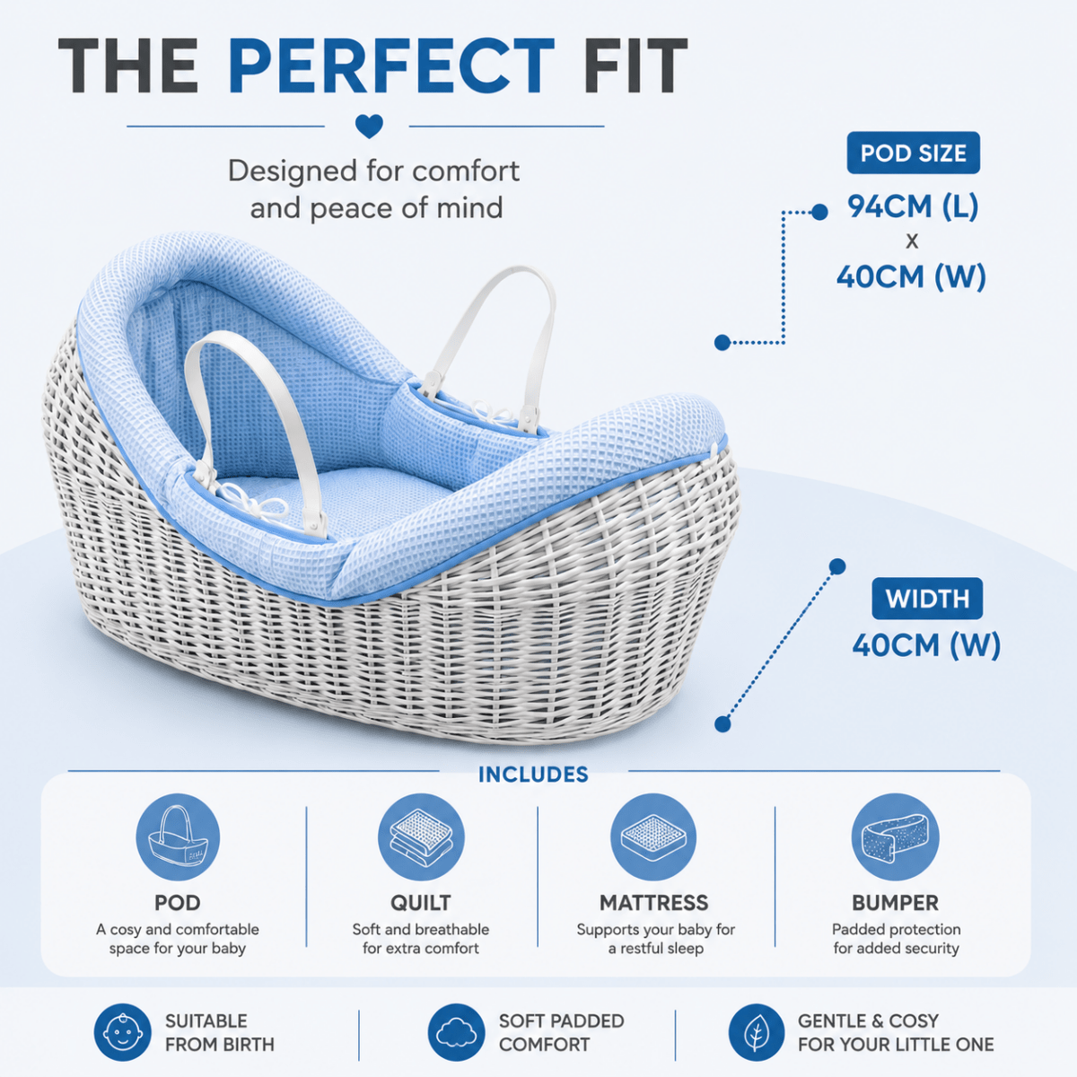 Wicker Deluxe Pod Moses Basket – Newborn Basket, No Stand