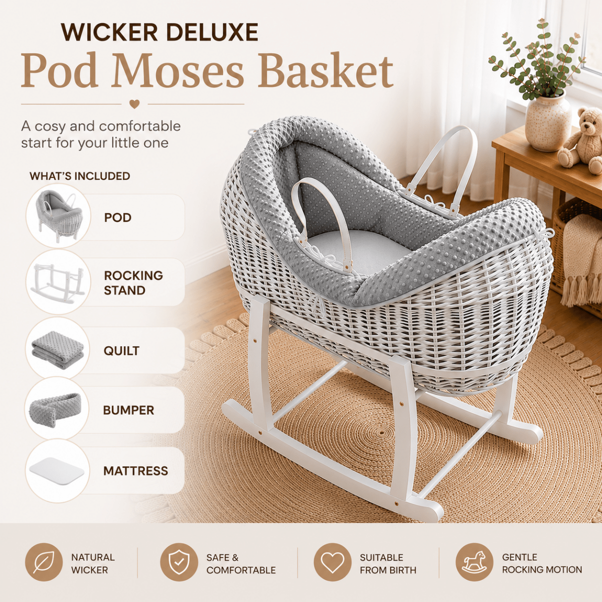 Wicker Deluxe Pod Moses Basket with Stand – Newborn Basket