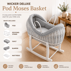 Wicker Deluxe Pod Moses Basket with Stand – Newborn Basket