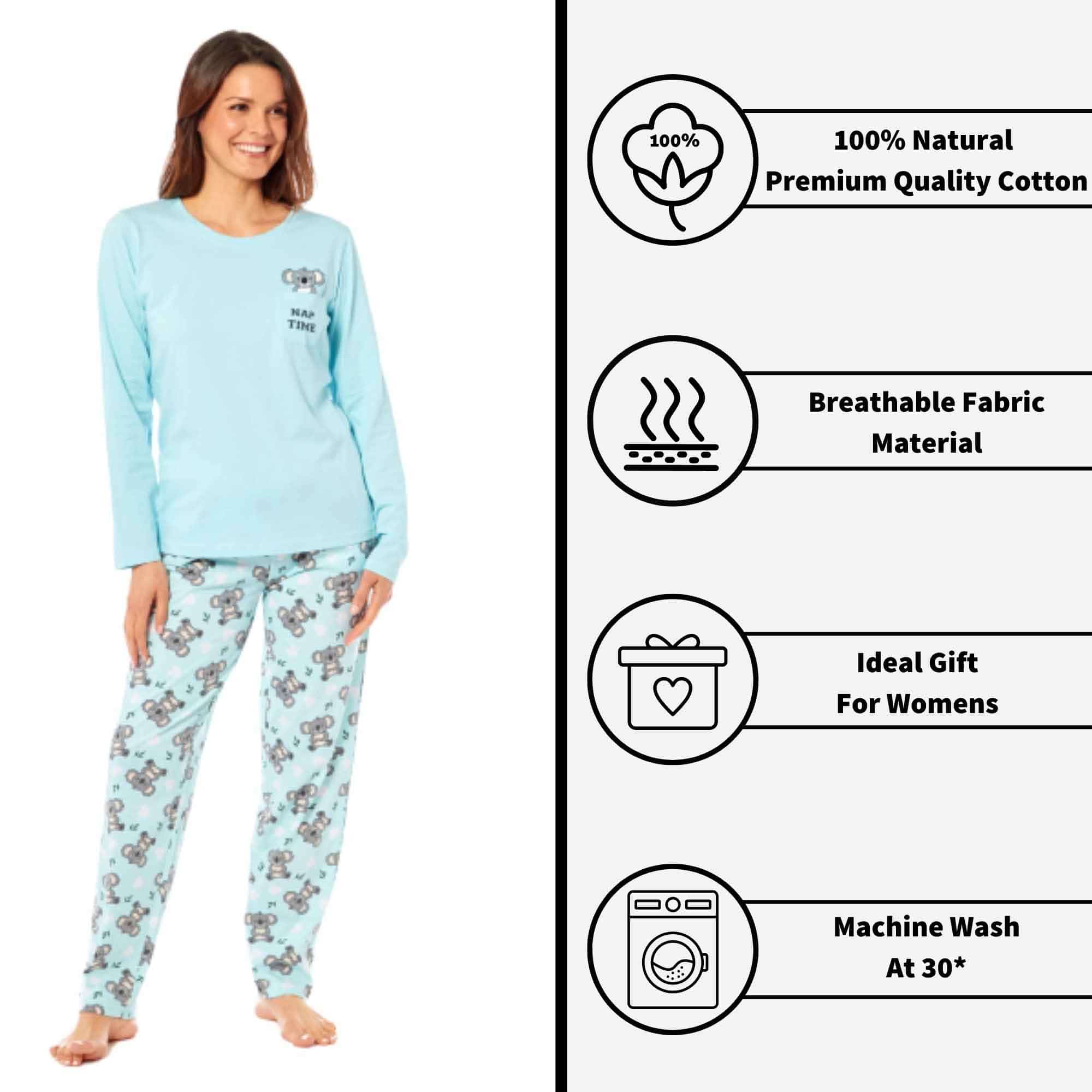 Women's Koala Bear Print Pyjama Set 100% Cotton Easy Care