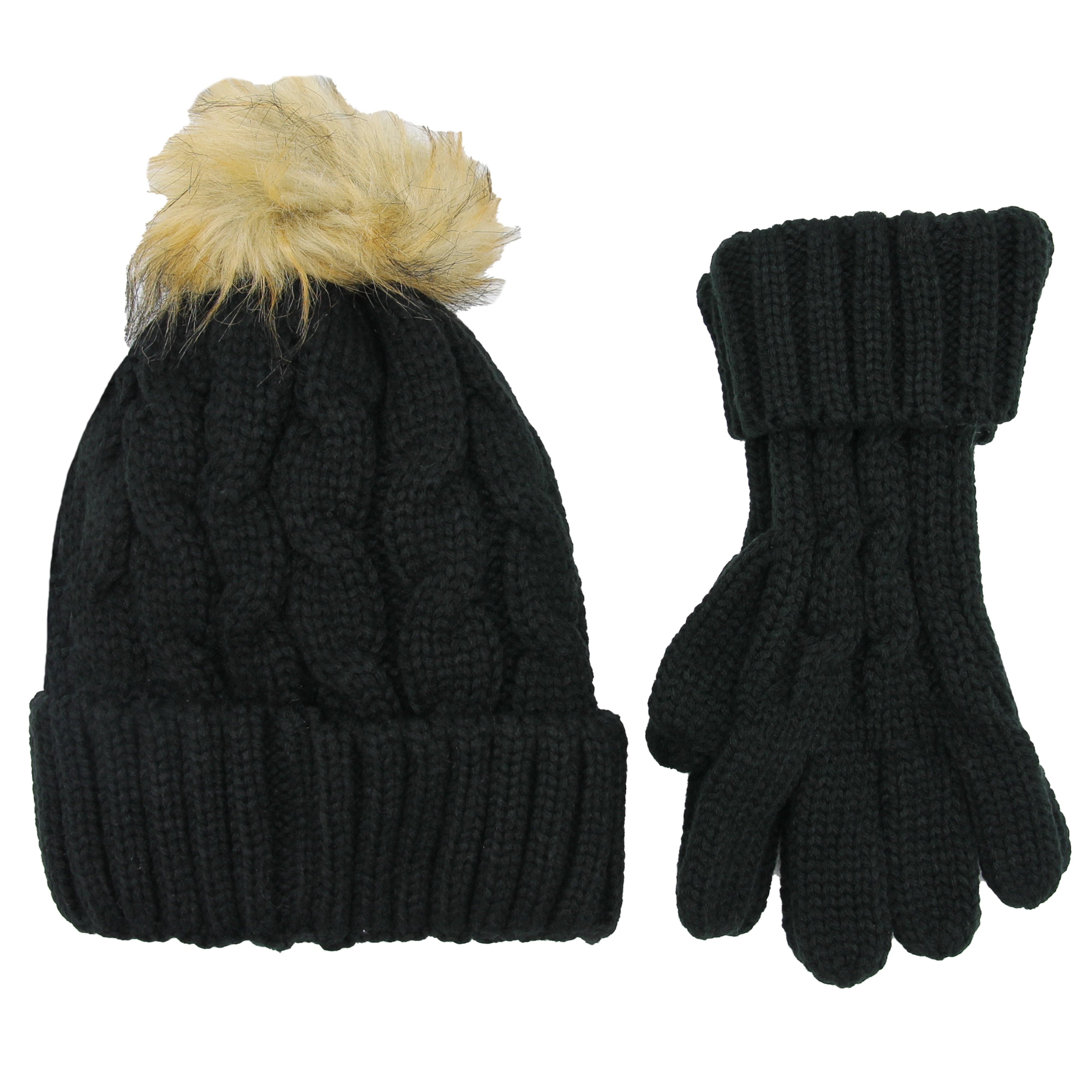 Women's Black Chunky Knit Hat and Gloves Set with Faux Fur Pom Pom