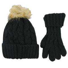 Women's Black Chunky Knit Hat and Gloves Set with Faux Fur Pom Pom