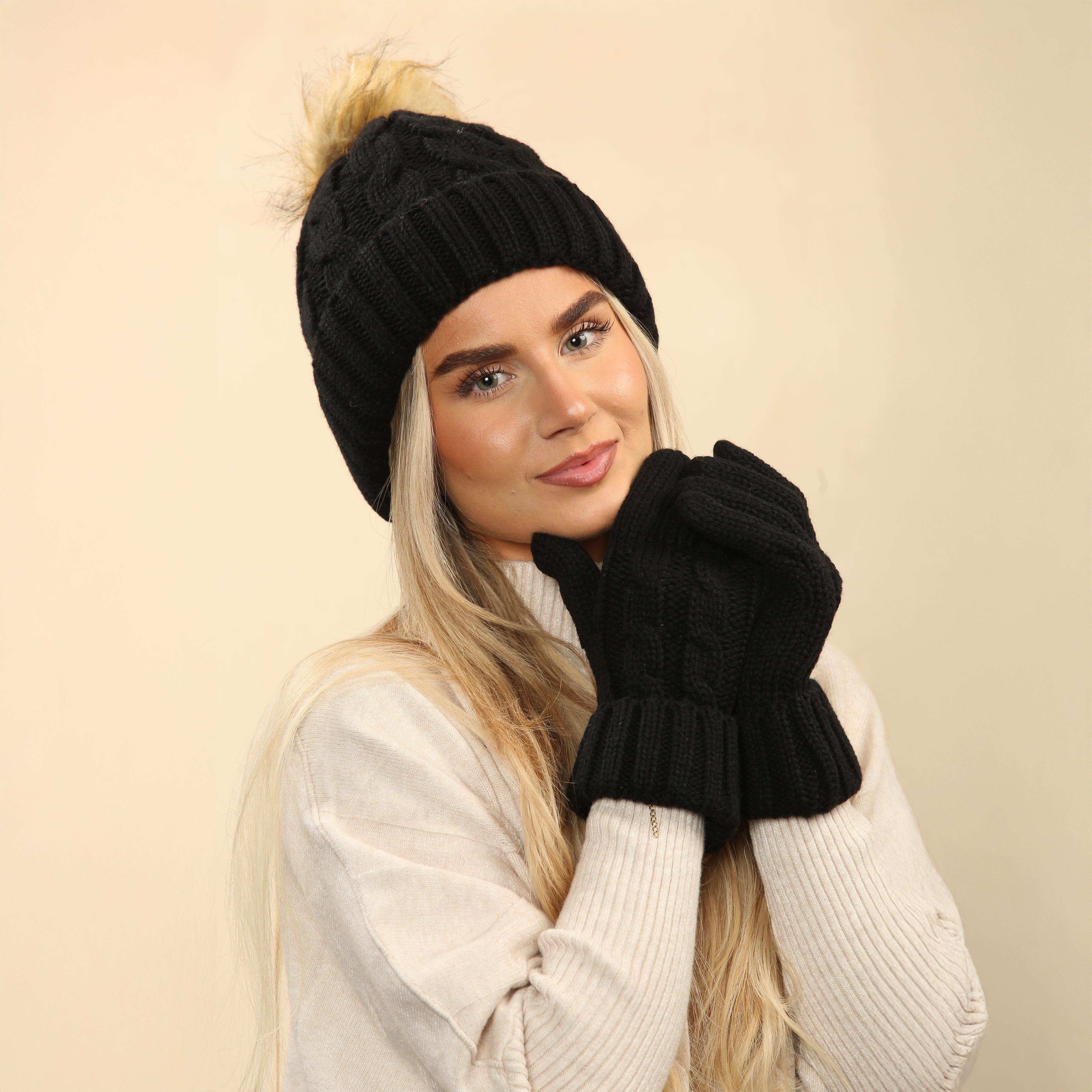 Women's Black Chunky Knit Hat and Gloves Set with Faux Fur Pom Pom