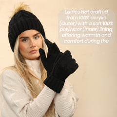 Women's Black Chunky Knit Hat and Gloves Set with Faux Fur Pom Pom