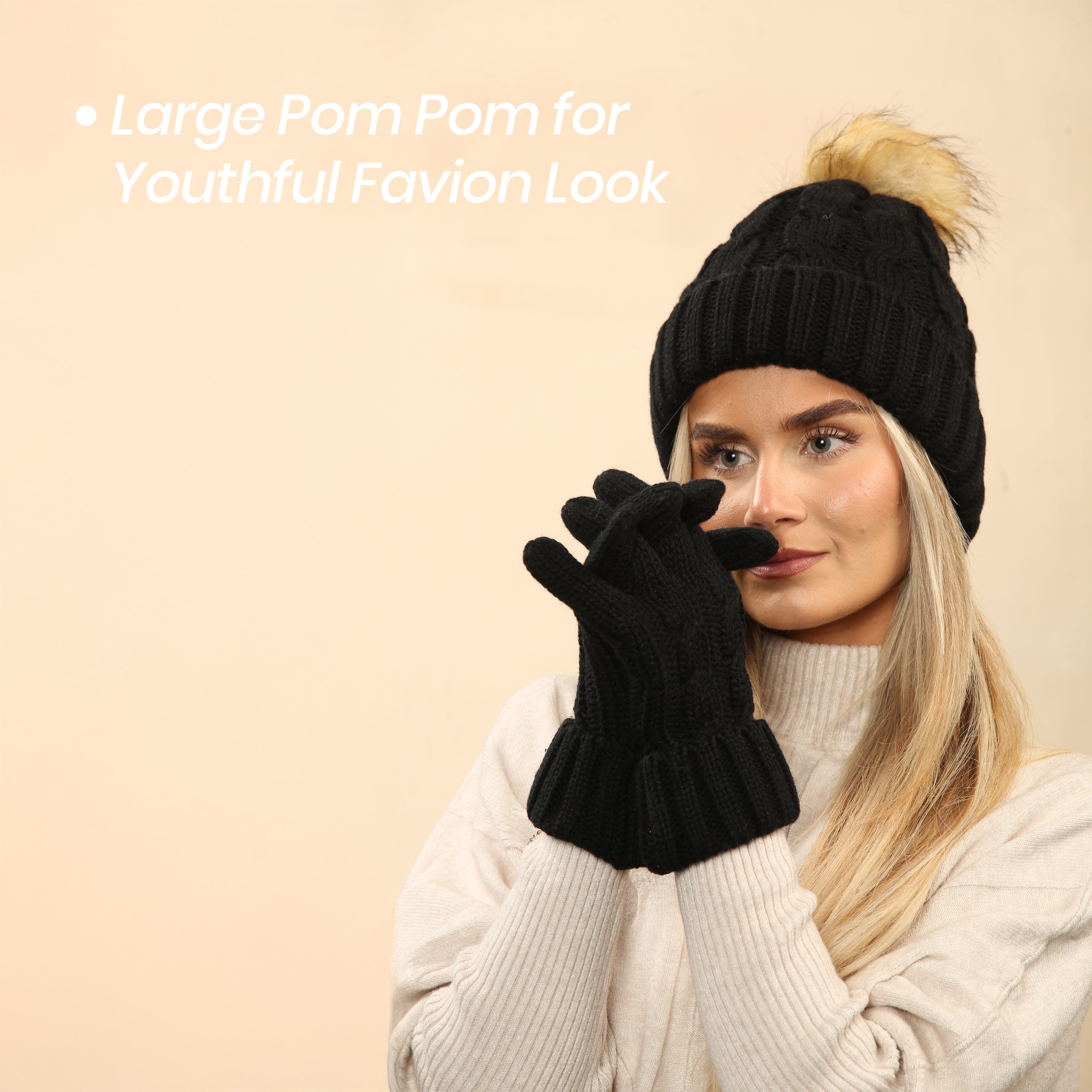 Women's Black Chunky Knit Hat and Gloves Set with Faux Fur Pom Pom