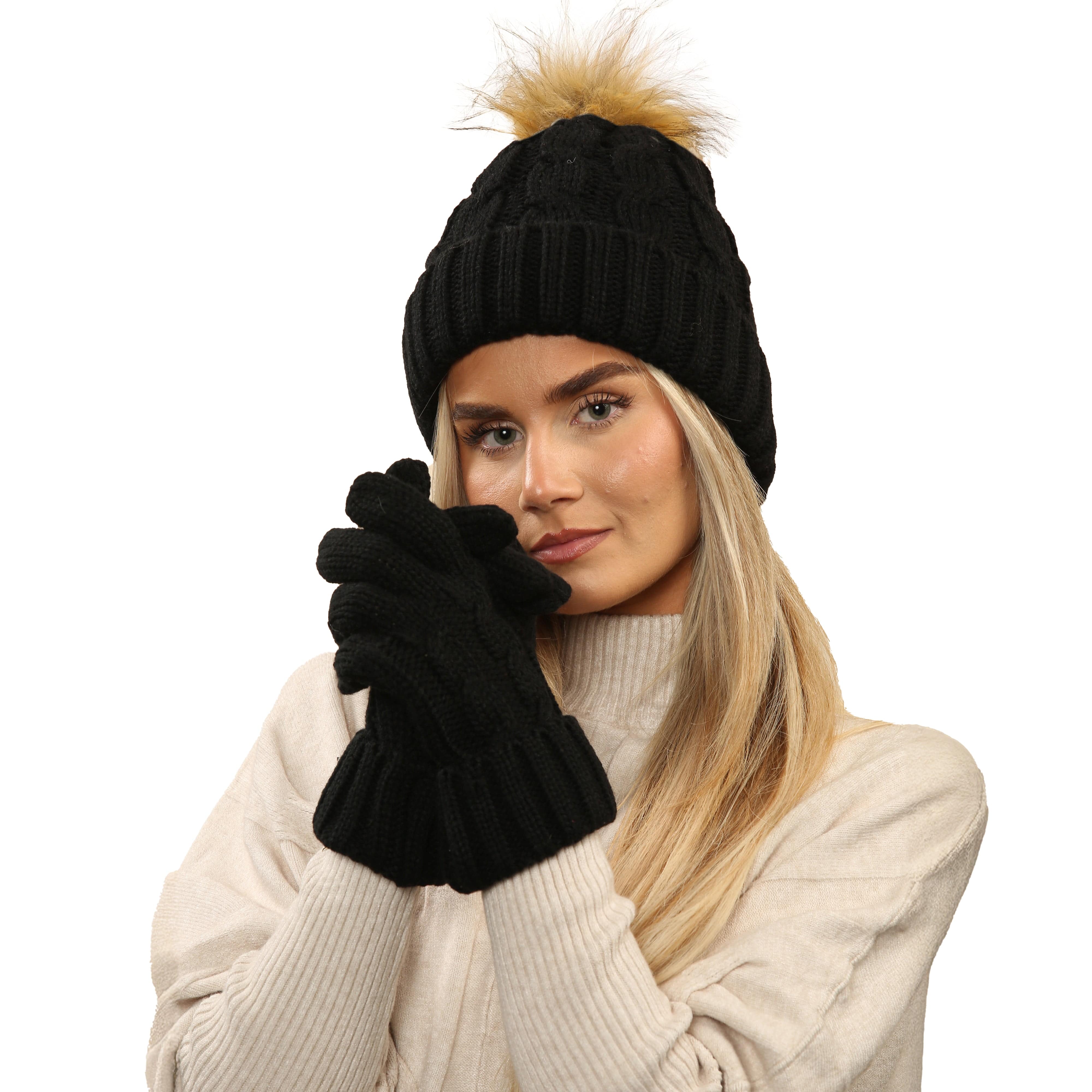 Women's Black Chunky Knit Hat and Gloves Set with Faux Fur Pom Pom