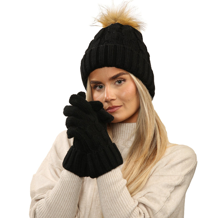Women's Black Chunky Knit Hat and Gloves Set with Faux Fur Pom Pom, image 2