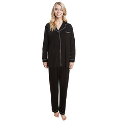 Women's Black Pyjama Set Soft Touch Long Sleeve Button Up Top And Bottoms