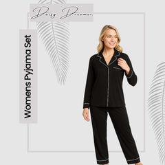 Women's Black Pyjama Set Soft Touch Long Sleeve Button Up Top And Bottoms