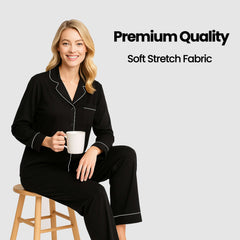 Women's Black Pyjama Set Soft Touch Long Sleeve Button Up Top And Bottoms