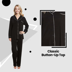 Women's Black Pyjama Set Soft Touch Long Sleeve Button Up Top And Bottoms