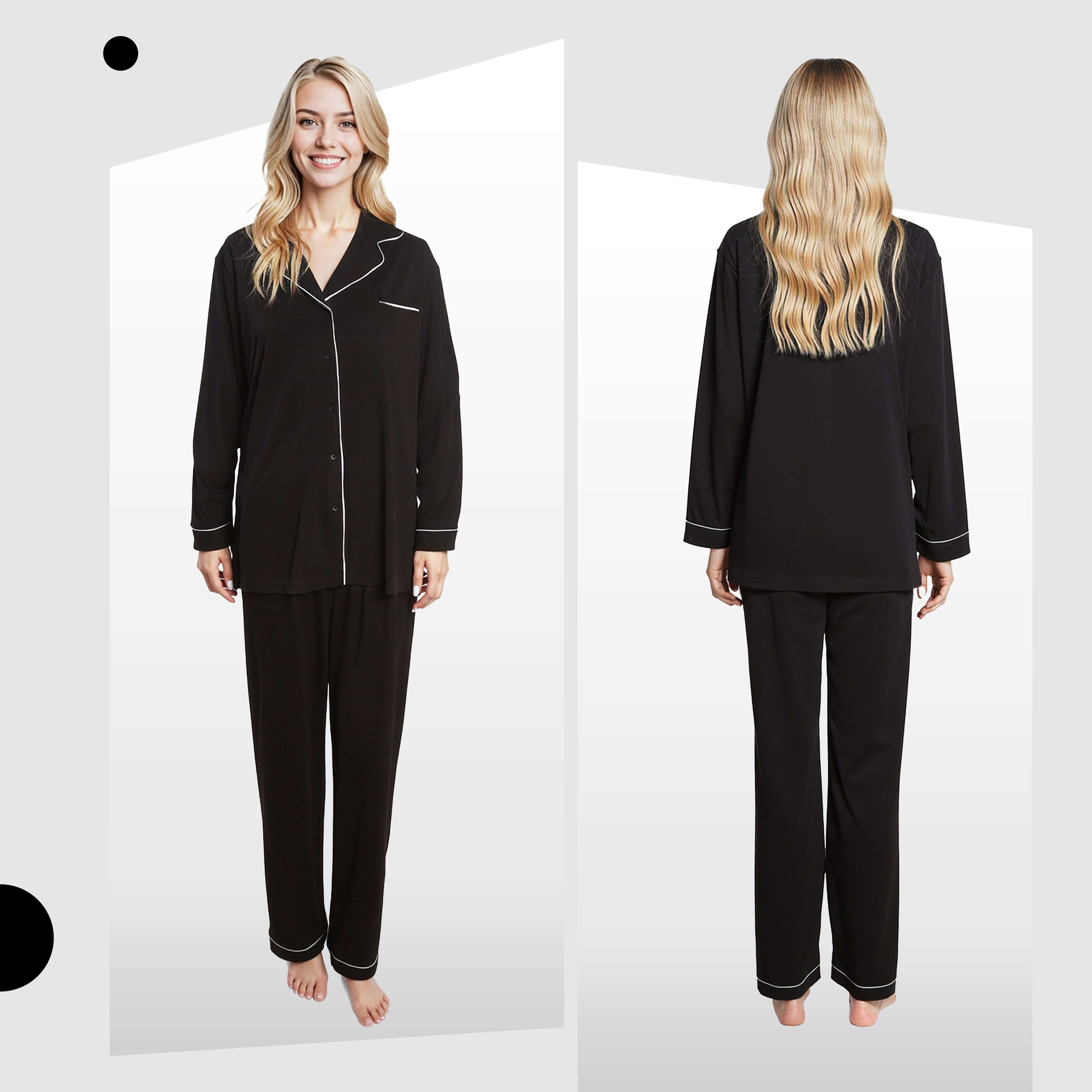 Women's Black Pyjama Set Soft Touch Long Sleeve Button Up Top And Bottoms