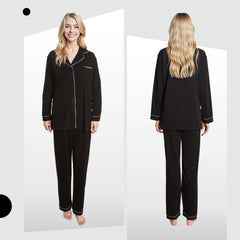 Women's Black Pyjama Set Soft Touch Long Sleeve Button Up Top And Bottoms