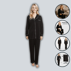 Women's Black Pyjama Set Soft Touch Long Sleeve Button Up Top And Bottoms