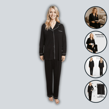 Women's Black Pyjama Set Soft Touch Long Sleeve Button Up Top And Bottoms