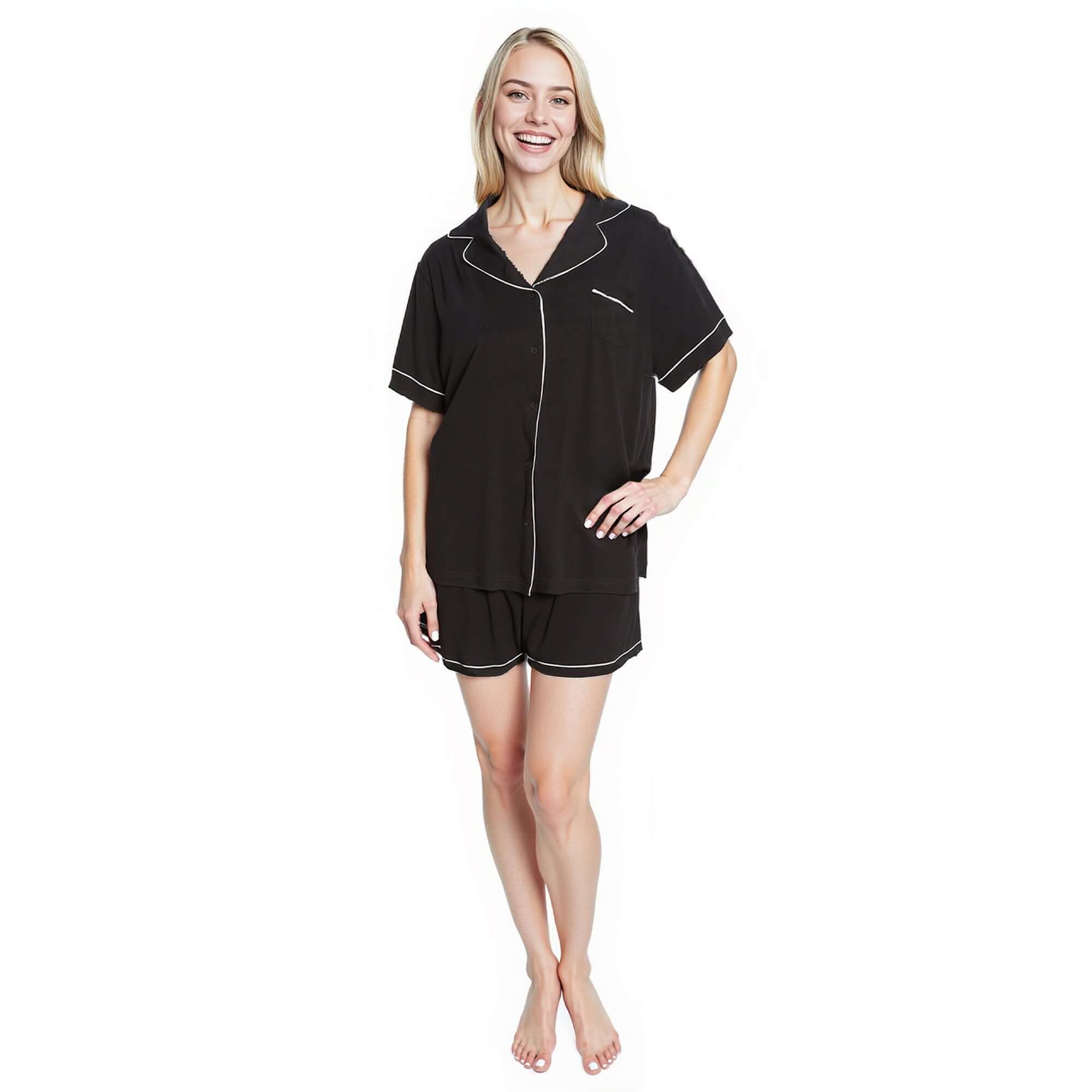 Women's Black Short Pyjama Set Super Soft Sleepwear with Button Up Top