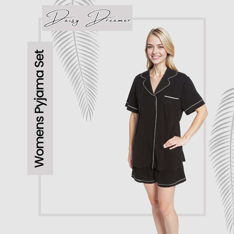 Women's Black Short Pyjama Set Super Soft Sleepwear with Button Up Top