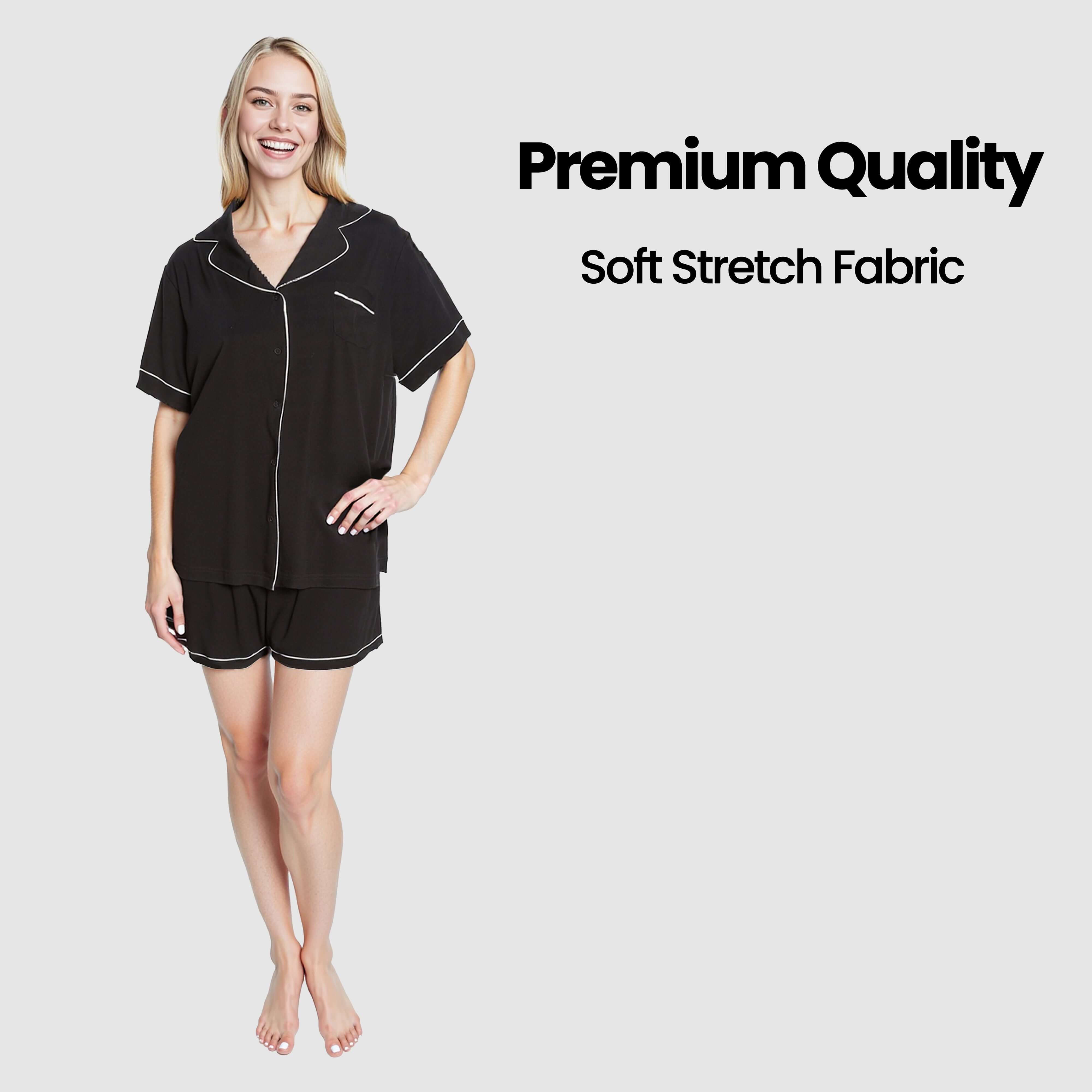 Women's Black Short Pyjama Set Super Soft Sleepwear with Button Up Top