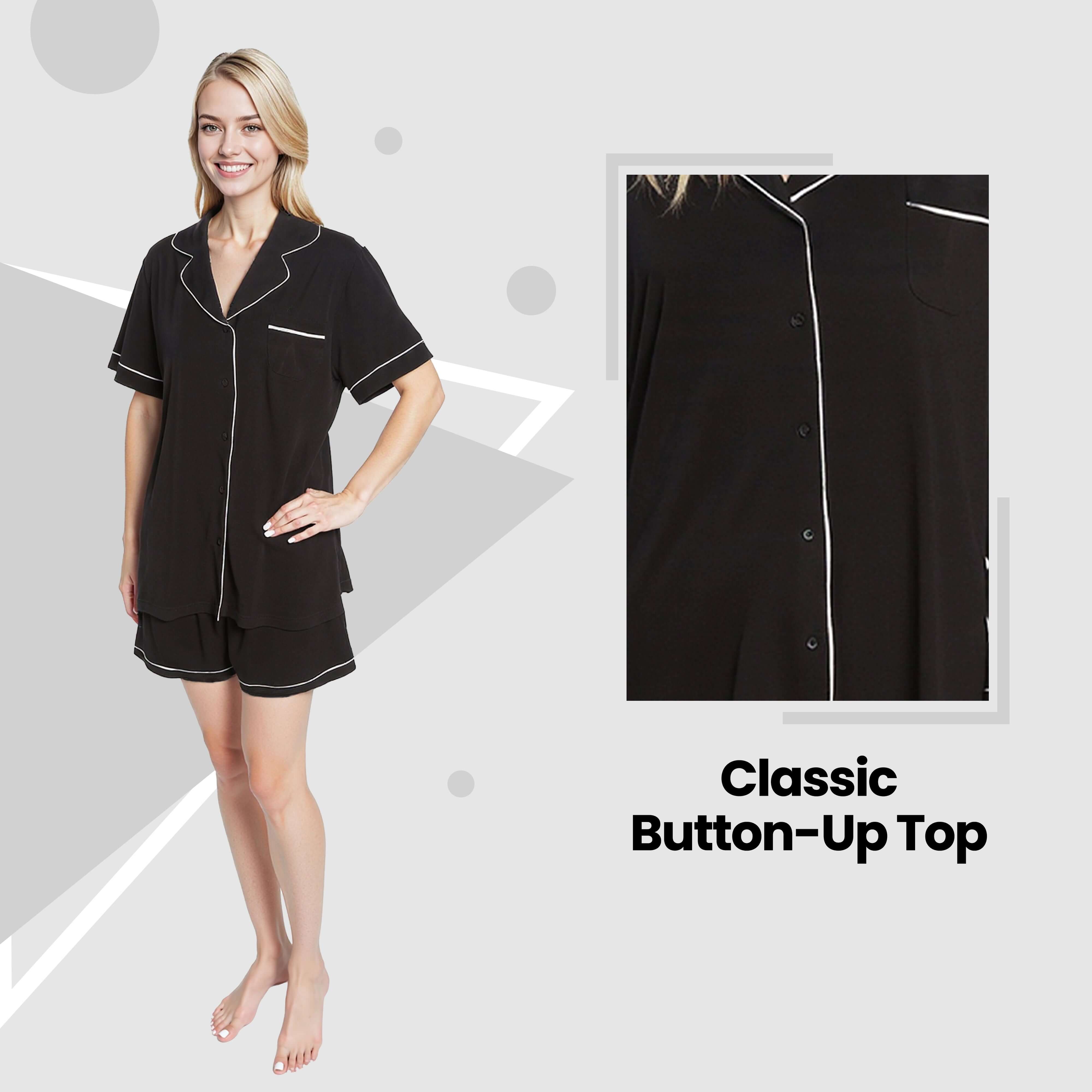 Women's Black Short Pyjama Set Super Soft Sleepwear with Button Up Top