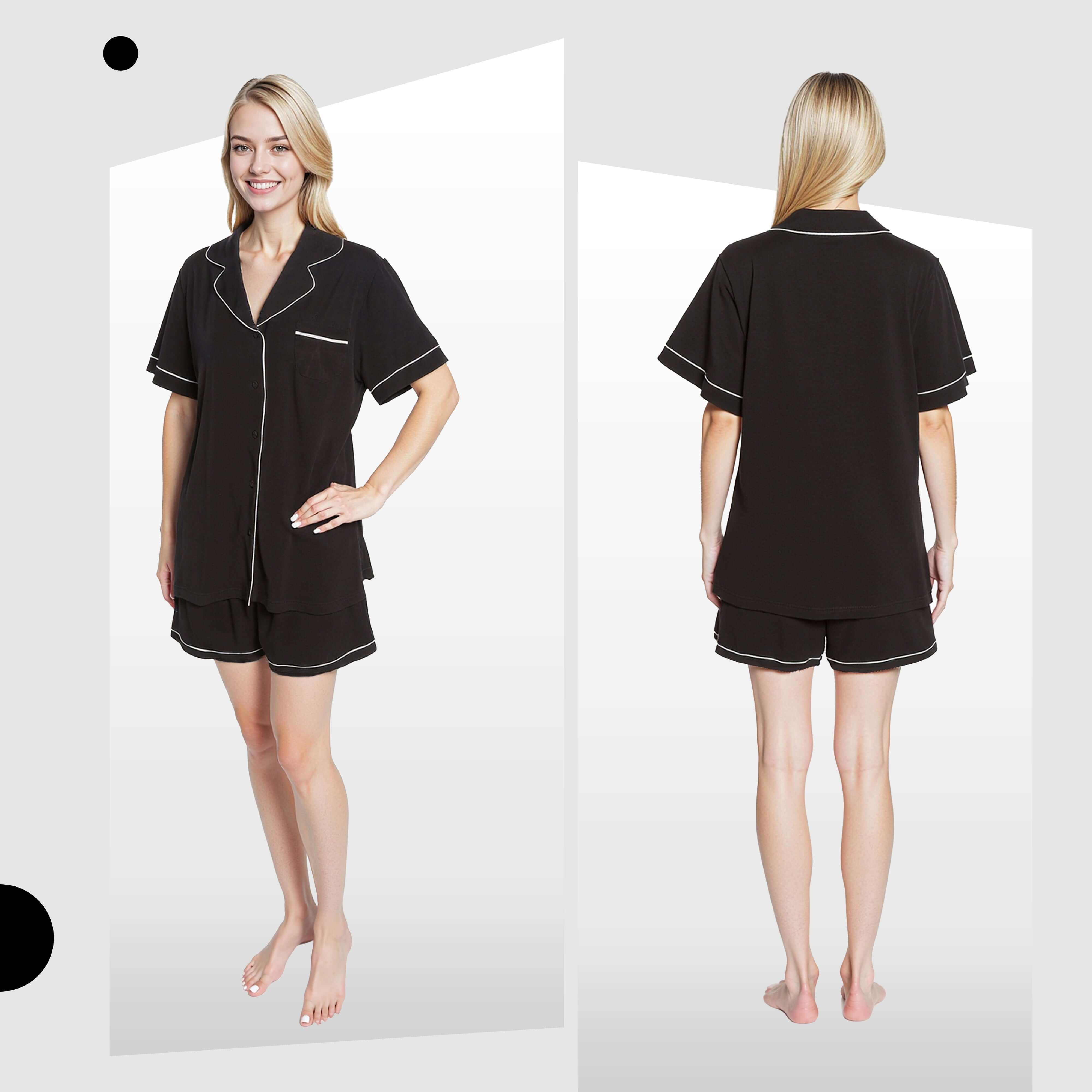 Women's Black Short Pyjama Set Super Soft Sleepwear with Button Up Top