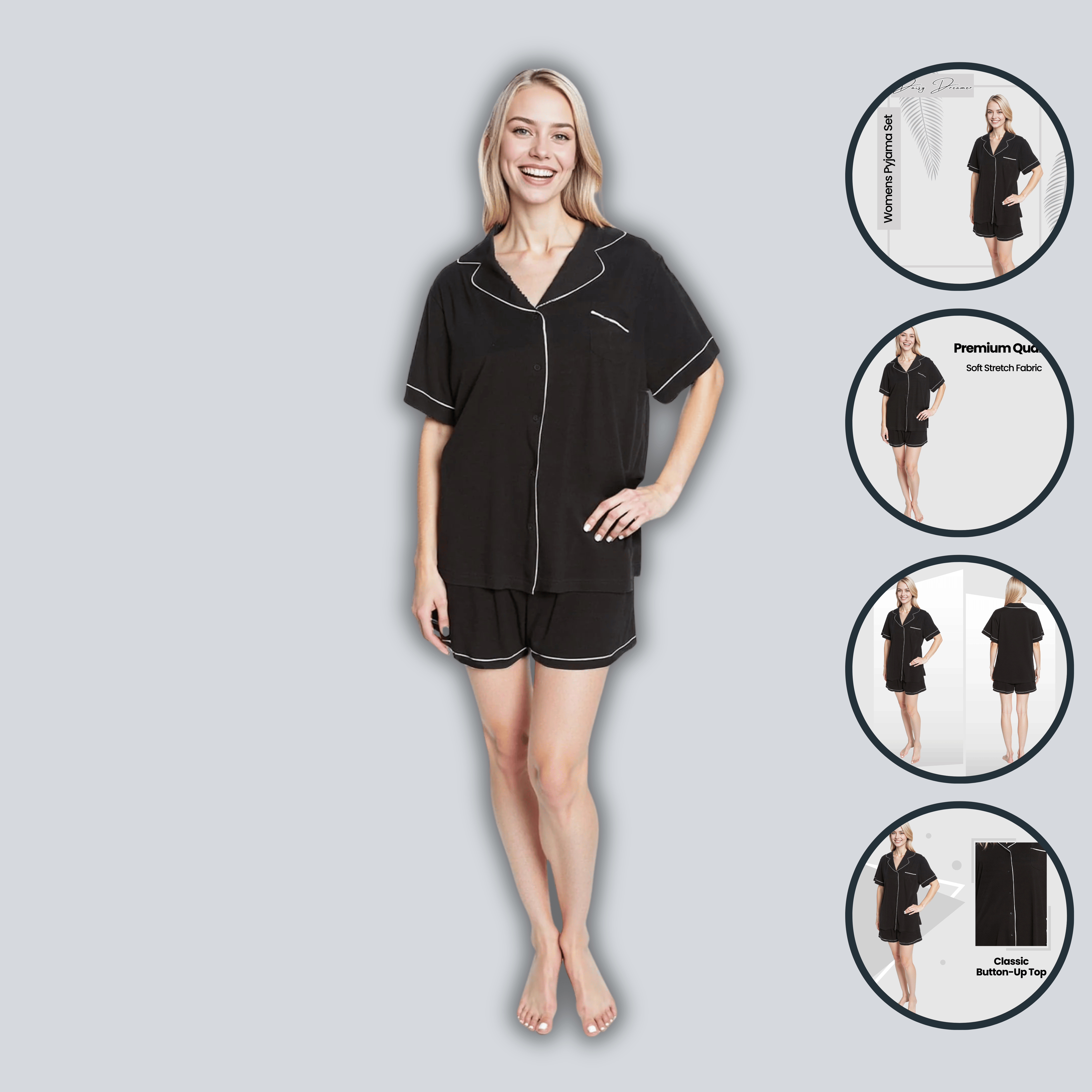 Women's Black Short Pyjama Set Super Soft Sleepwear with Button Up Top