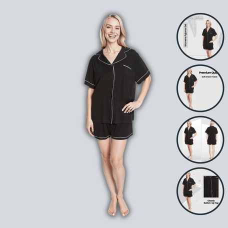 Women's Black Short Pyjama Set Super Soft Sleepwear with Button Up Top