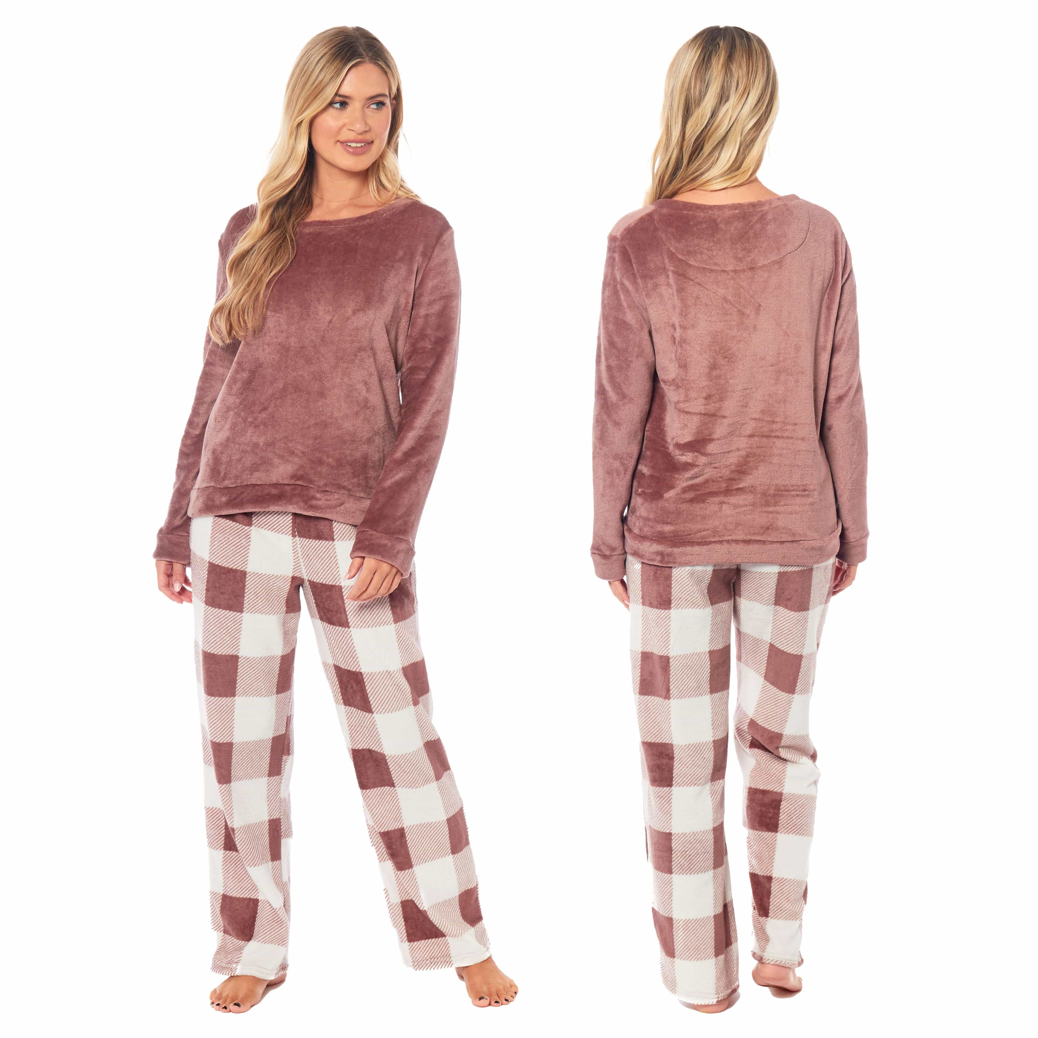 Women's Buffalo Check Fleece Pyjama Set With Long Sleeve Top And Bottoms