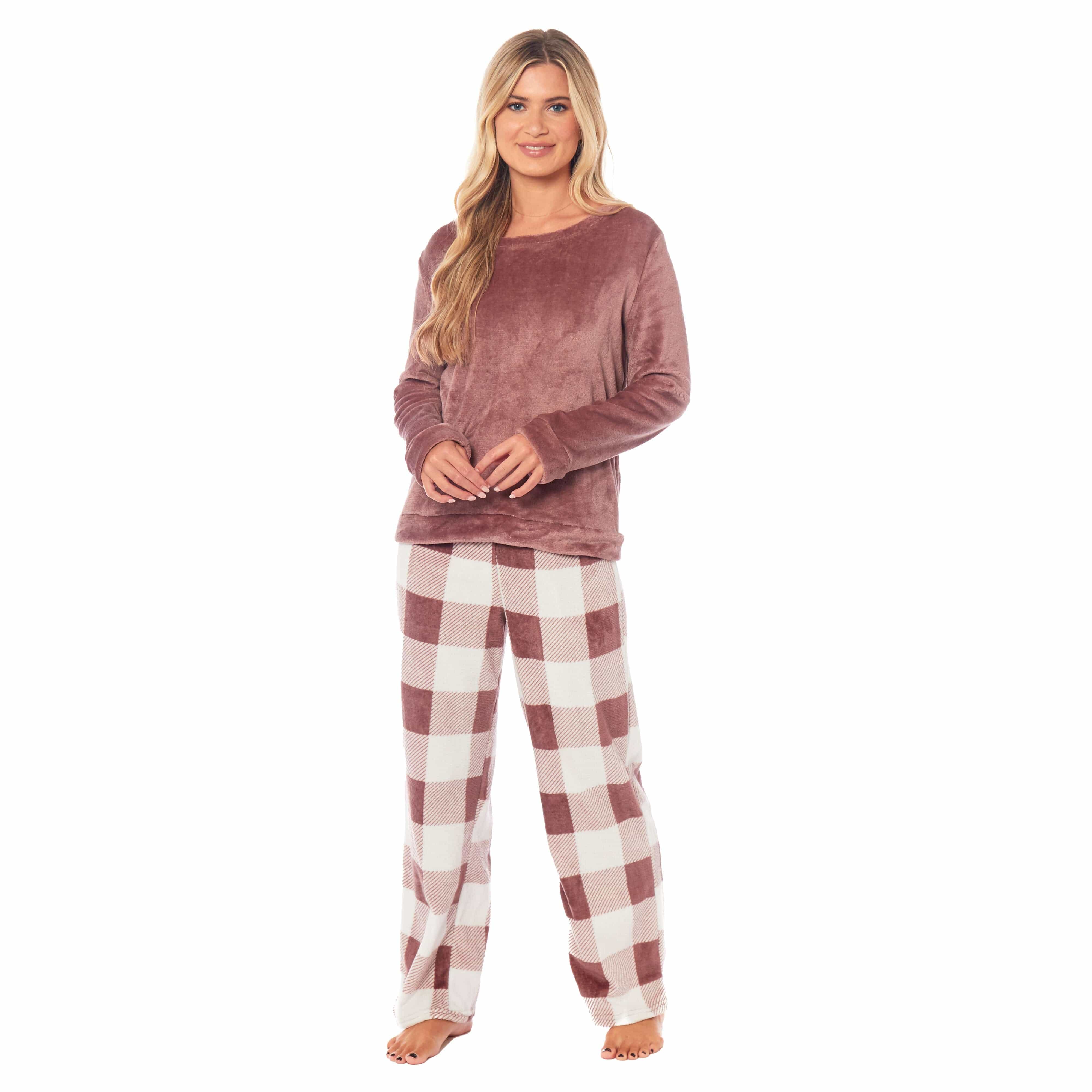 Women's Buffalo Check Fleece Pyjama Set With Long Sleeve Top And Bottoms