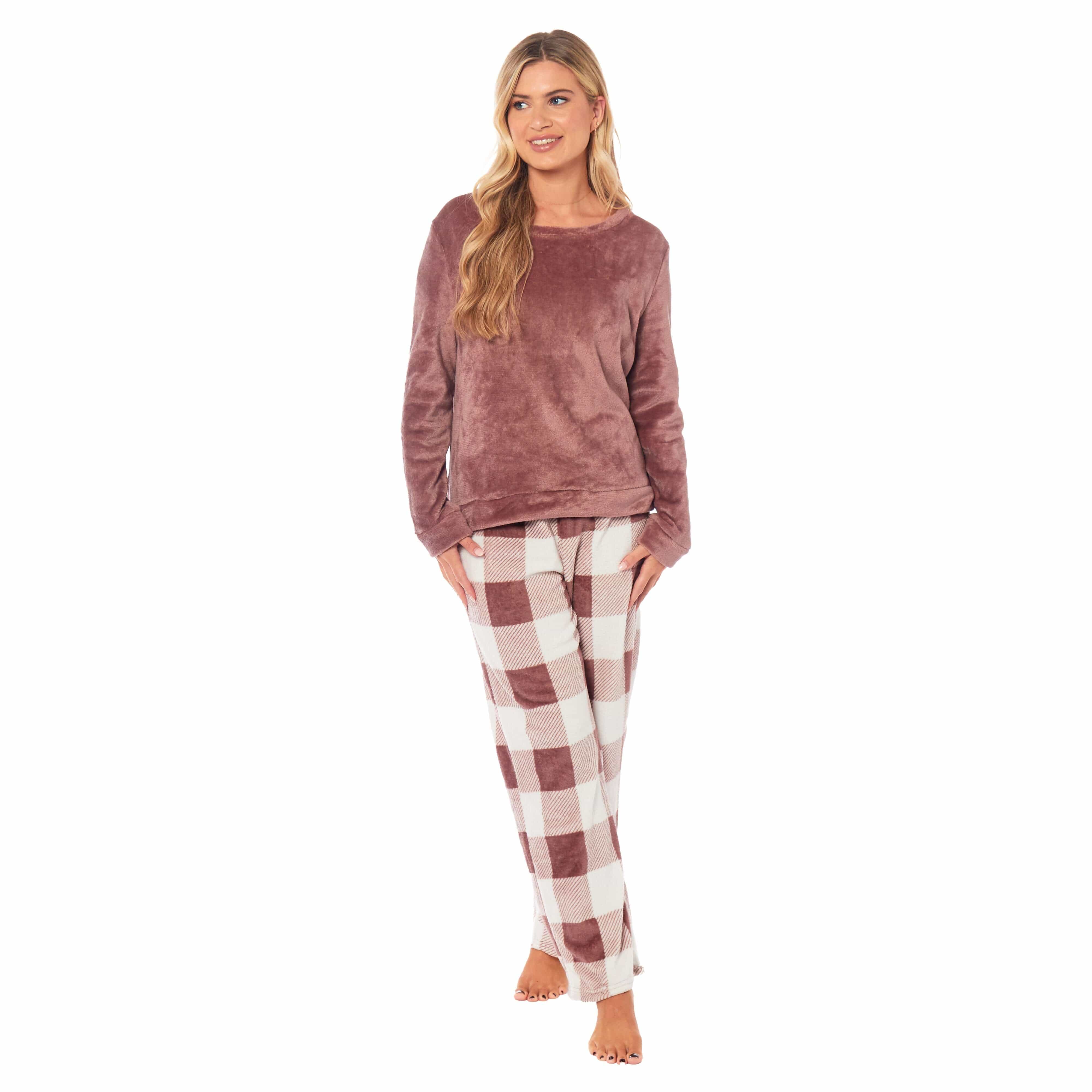 Women's Buffalo Check Fleece Pyjama Set With Long Sleeve Top And Bottoms