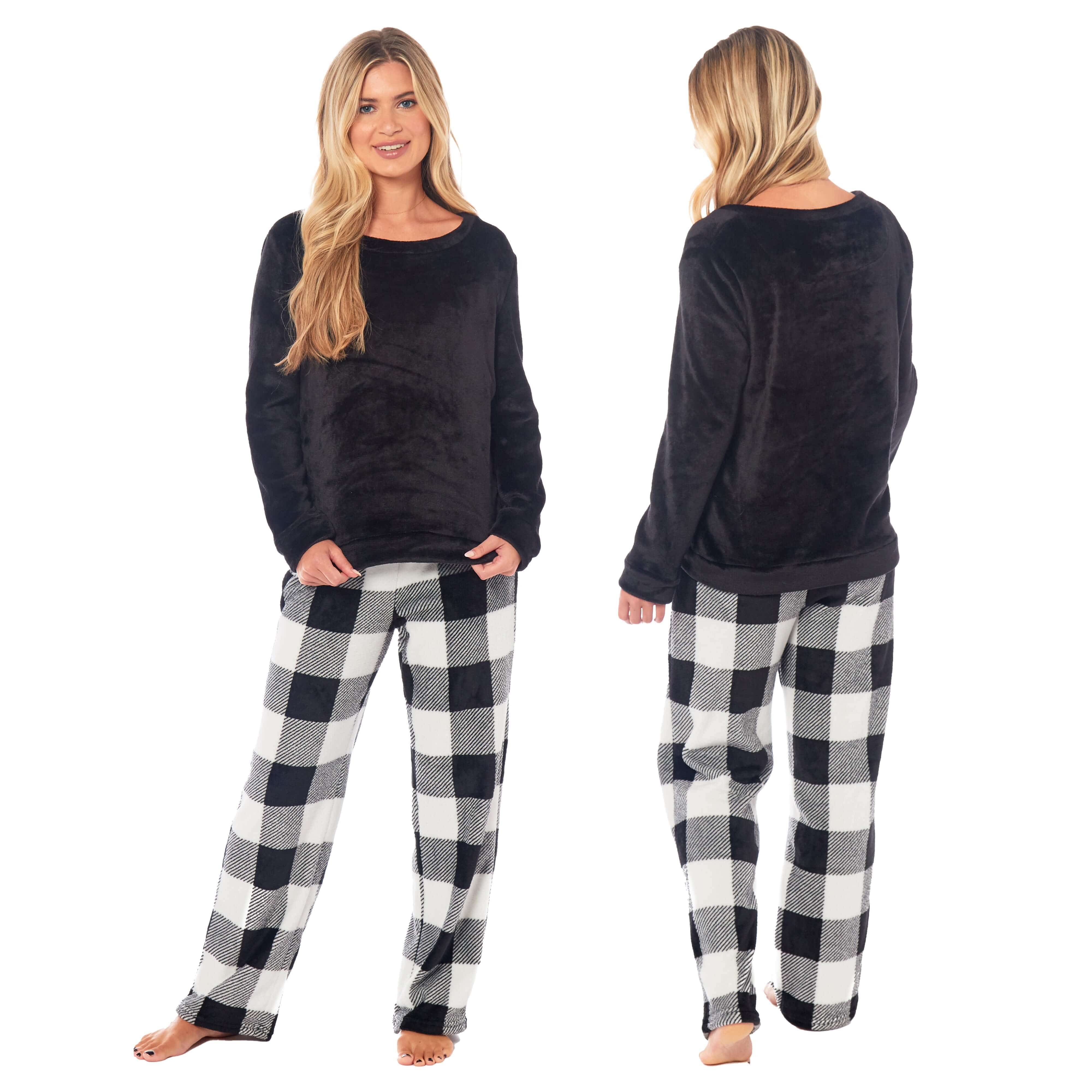 Women's Buffalo Check Fleece Pyjama Set With Long Sleeve Top And Bottoms