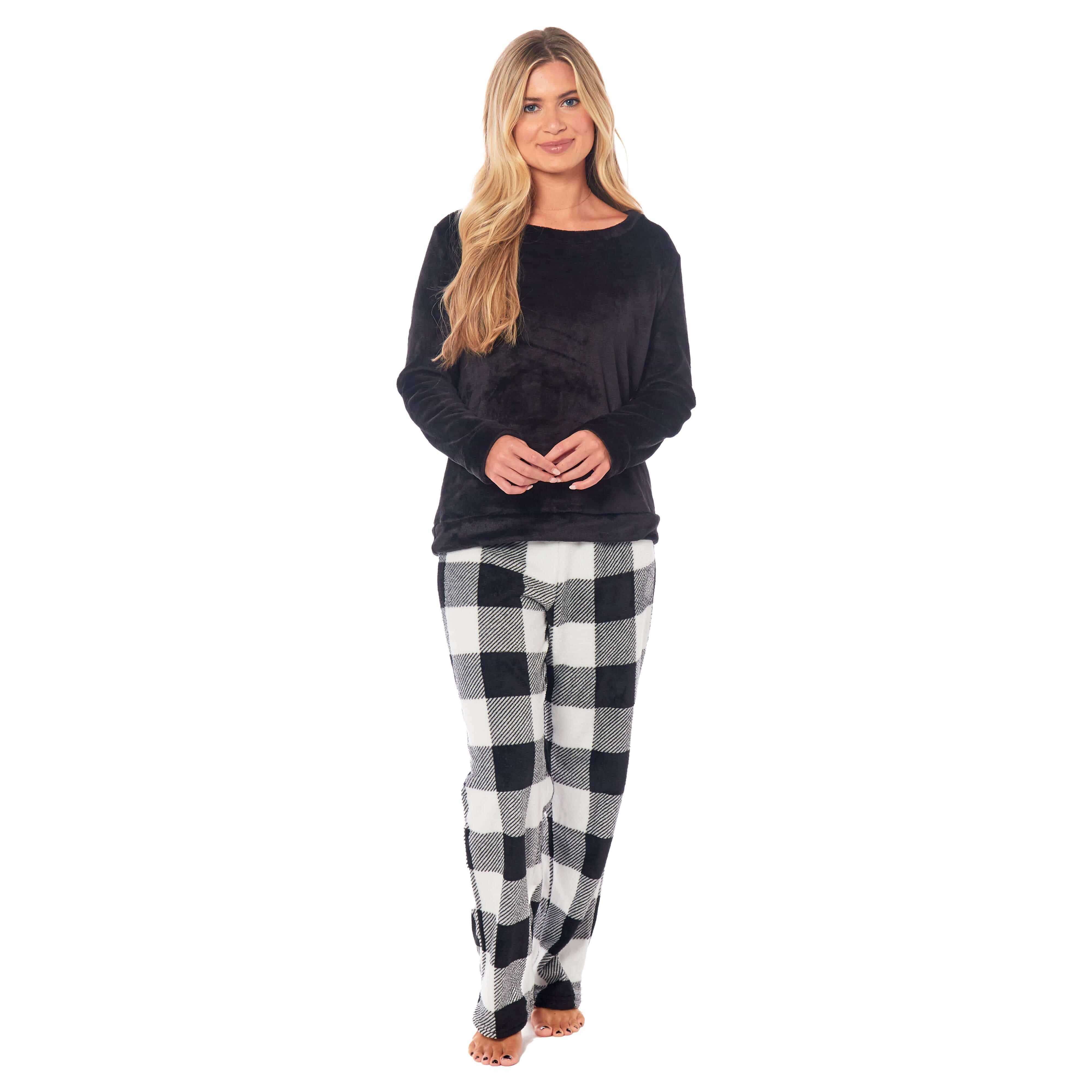 Women's Buffalo Check Fleece Pyjama Set With Long Sleeve Top And Bottoms