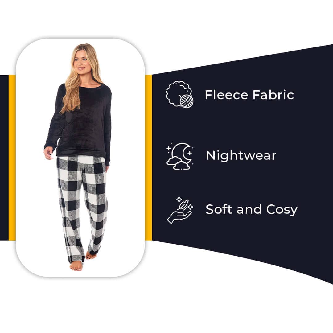 Women's Buffalo Check Fleece Pyjama Set With Long Sleeve Top And Bottoms