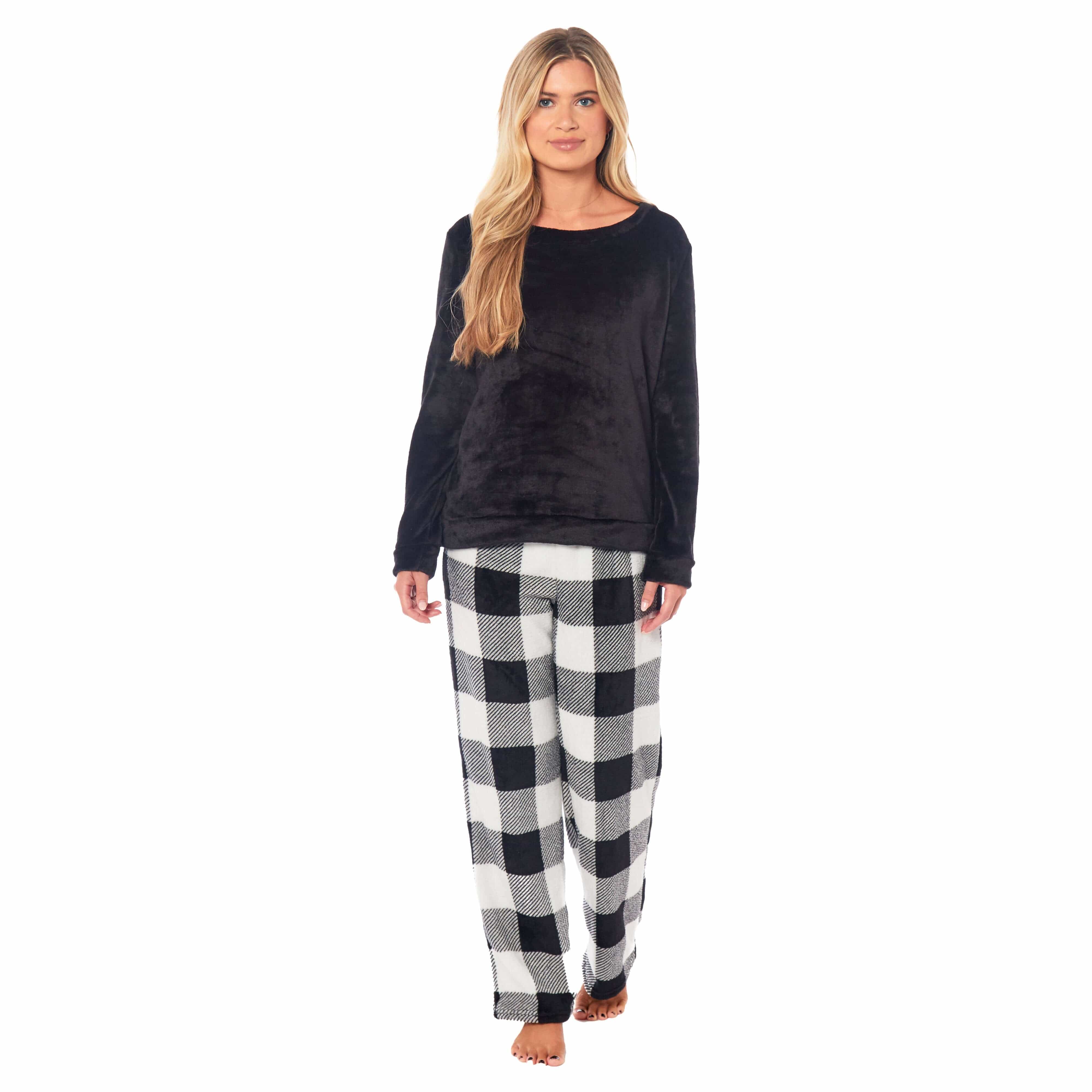 Women's Buffalo Check Fleece Pyjama Set With Long Sleeve Top And Bottoms